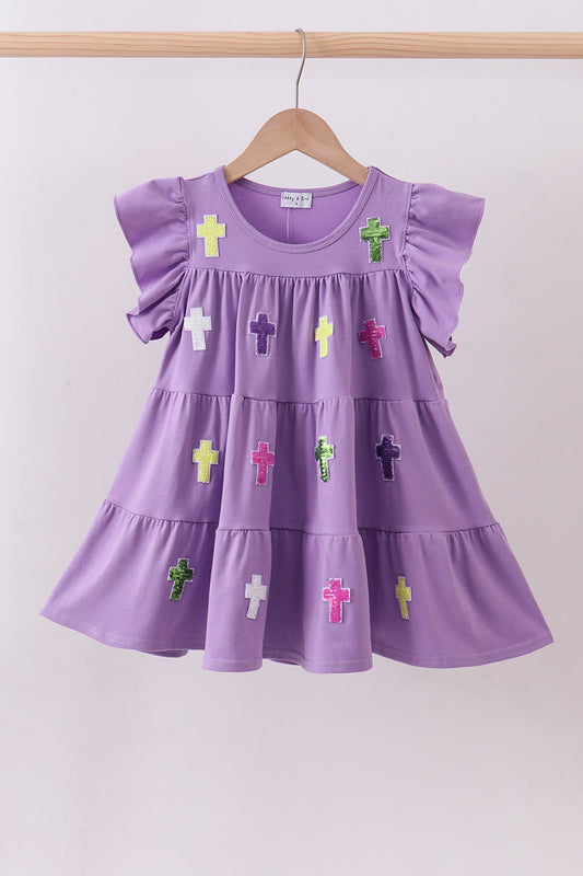 Lavender sequin cross girl’s tiered dress