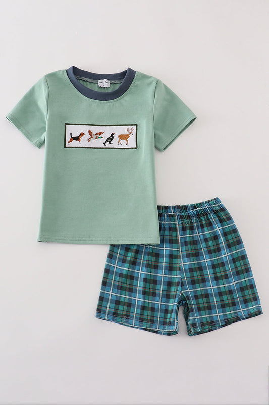 Green hunting embroidery plaid shorts set