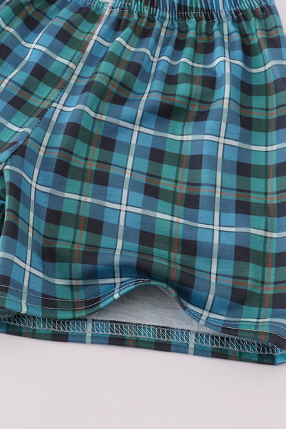 Green hunting embroidery plaid shorts set