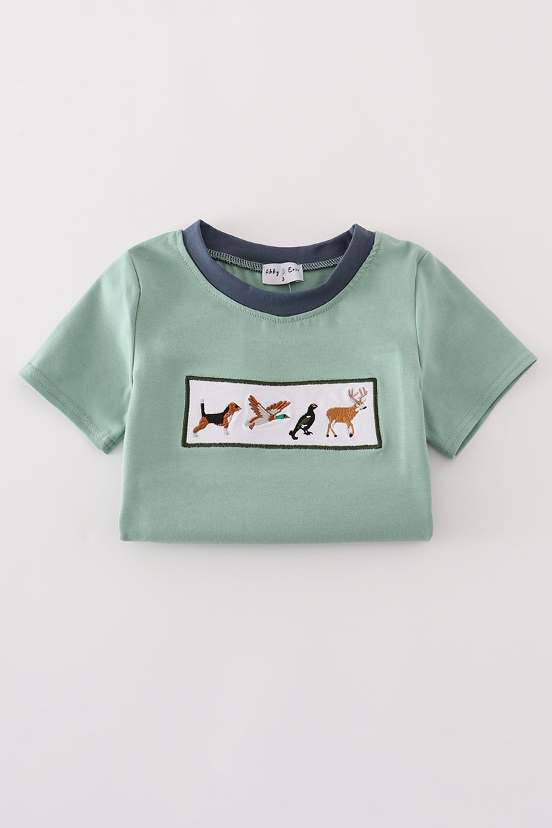 Green hunting embroidery plaid shorts set