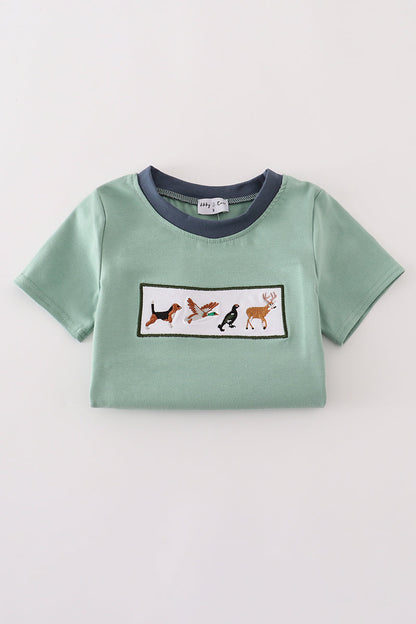 Green hunting embroidery plaid shorts set