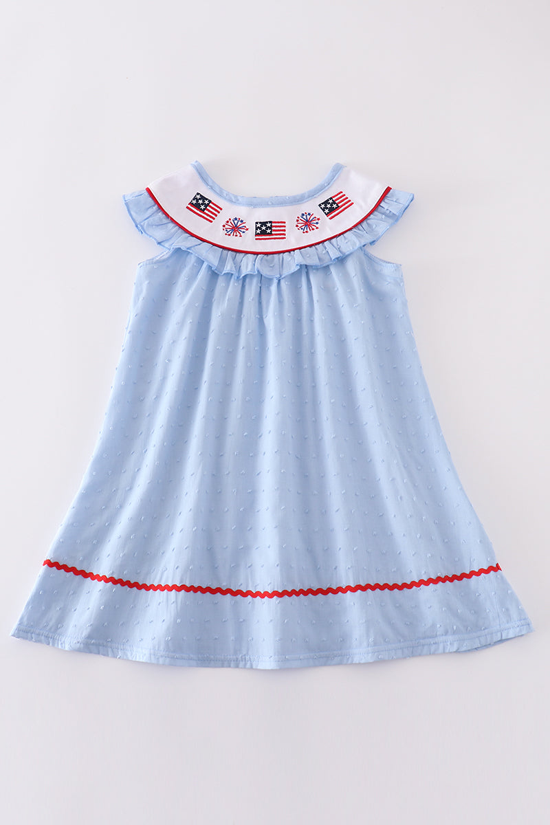 Blue swiss dot flag embroidery dress - Ella Jane Lifestyle Boutique