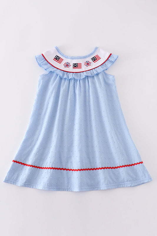 Blue swiss dot flag embroidery dress - Ella Jane Lifestyle Boutique