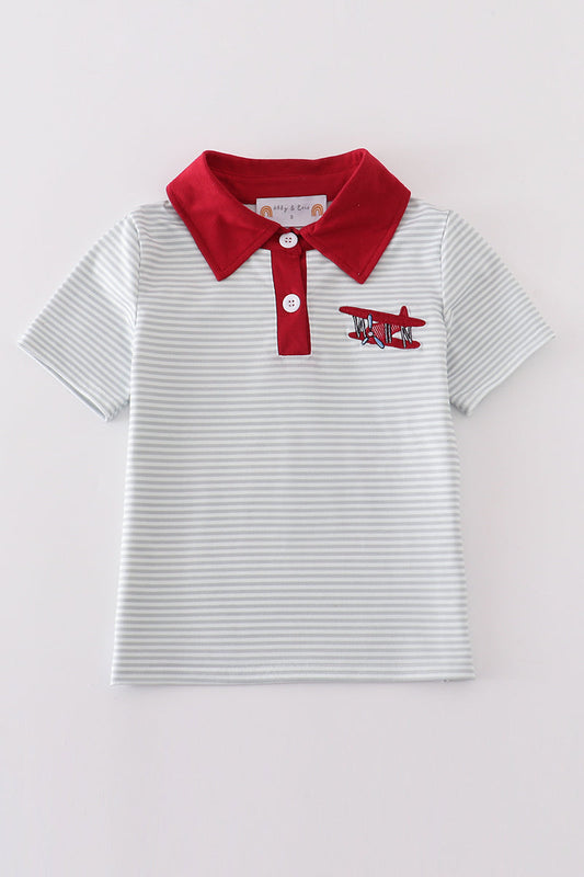 Sage stripe plane embroidery boy shirt - Ella Jane Lifestyle Boutique