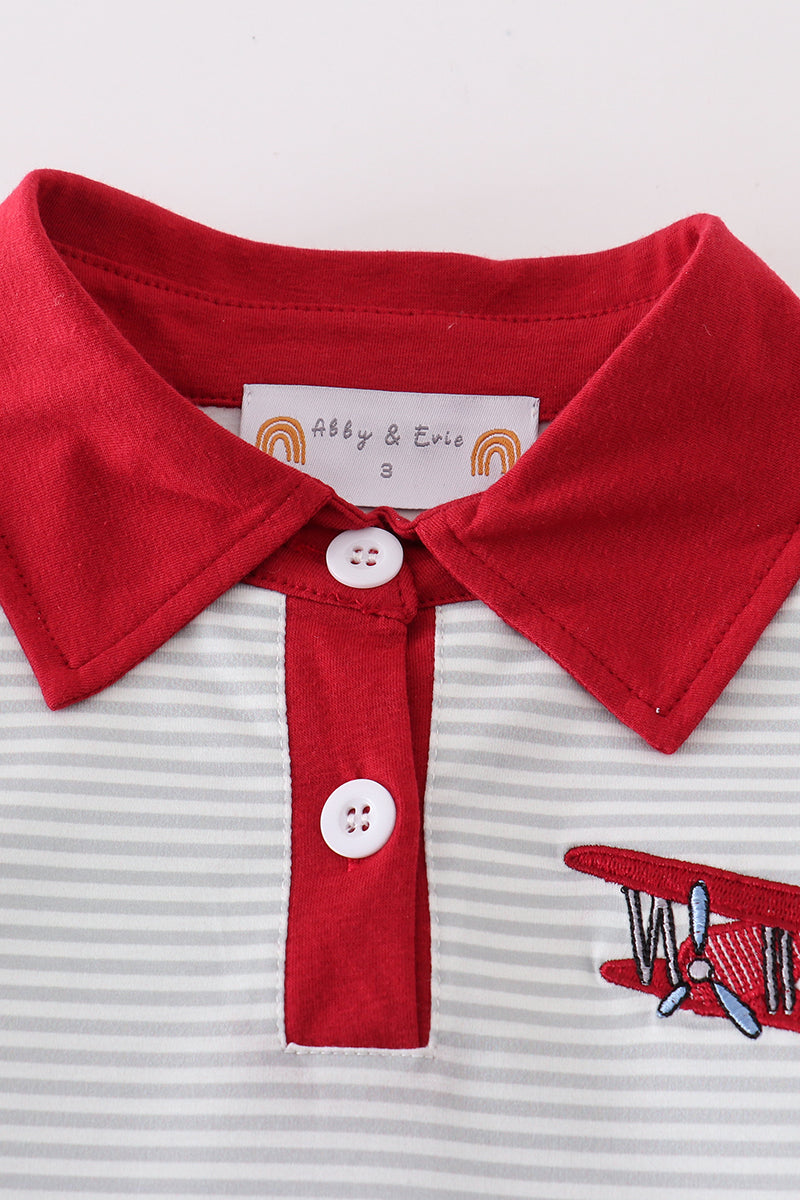 Sage stripe plane embroidery boy shirt - Ella Jane Lifestyle Boutique