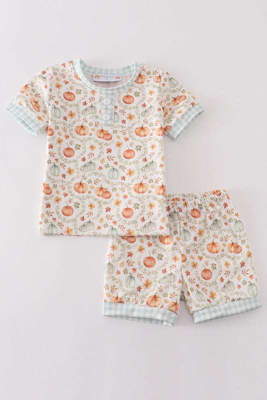 Conjunto de pantalones cortos con volantes para niña con estampado de calabaza verde