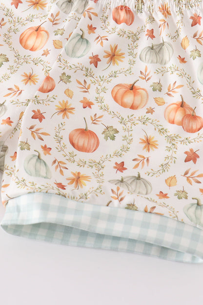 Conjunto de pantalones cortos con volantes para niña con estampado de calabaza verde