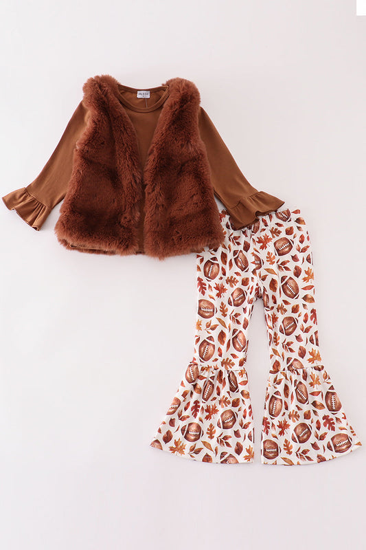 Fur vest football 3pc girl bell pants set - Ella Jane Lifestyle Boutique