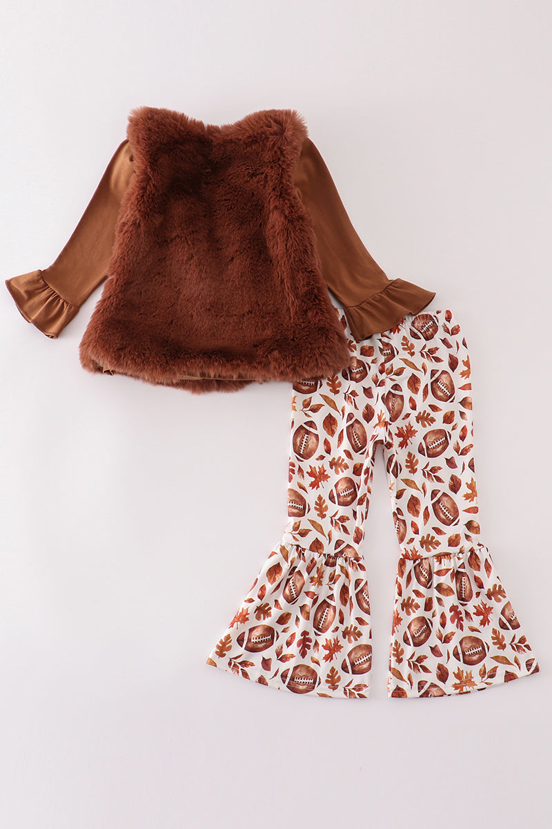 Fur vest football 3pc girl bell pants set - Ella Jane Lifestyle Boutique
