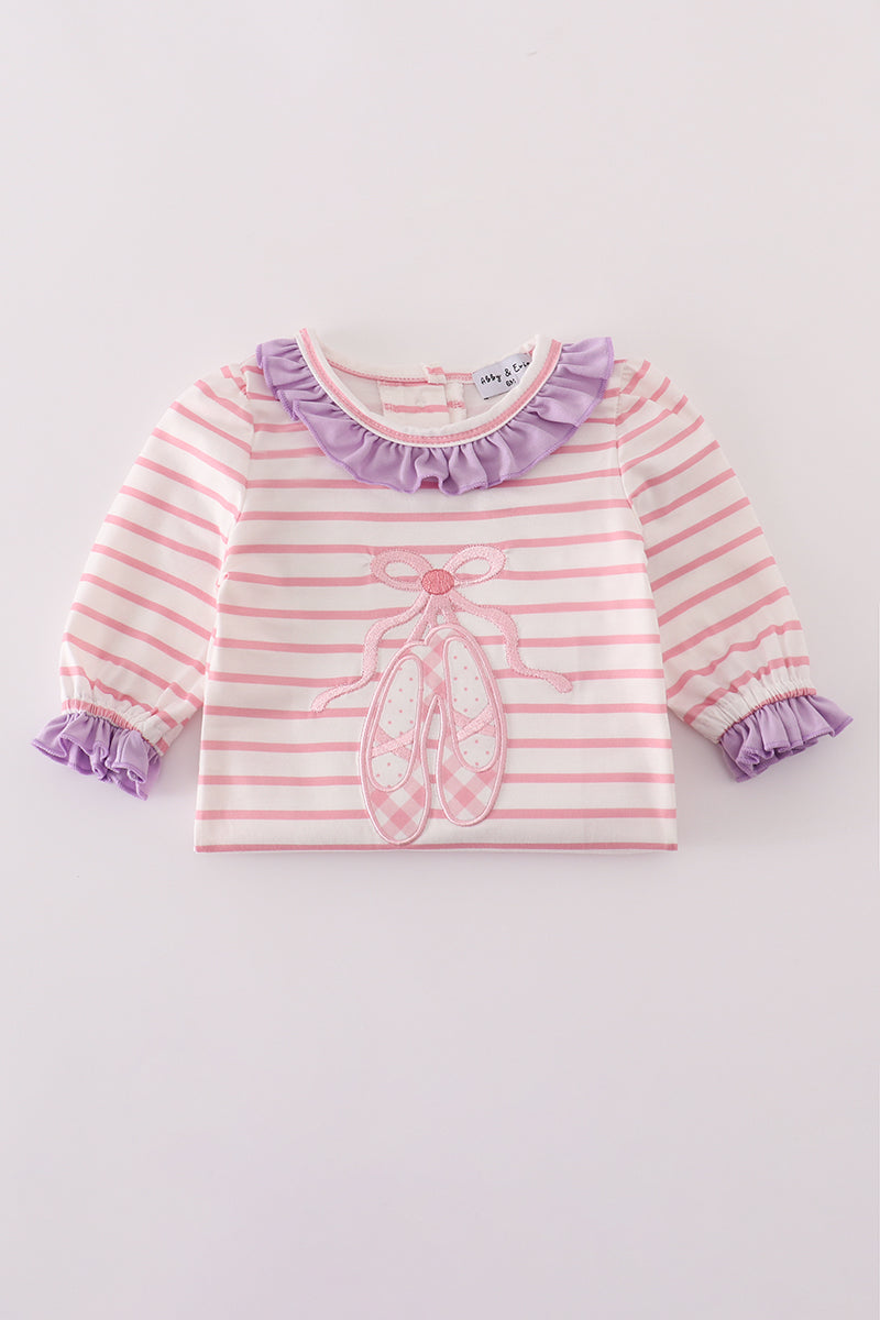 Purple ballet shoes embroidery ruffle stripe romper
