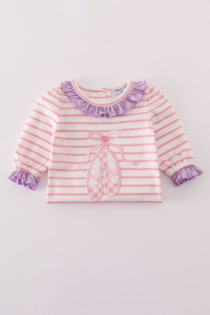 Purple ballet shoes embroidery ruffle stripe romper