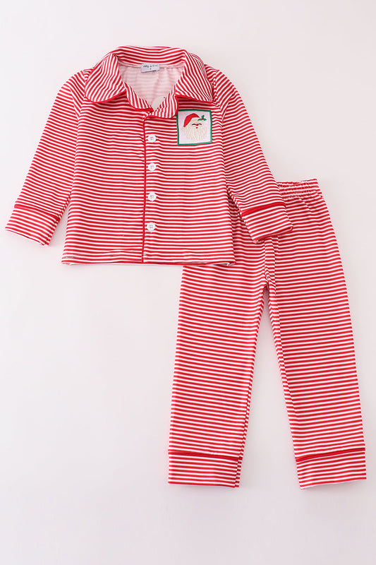 Red stripe christmas santa claus embroidery boy pajamas set - Ella Jane Lifestyle Boutique