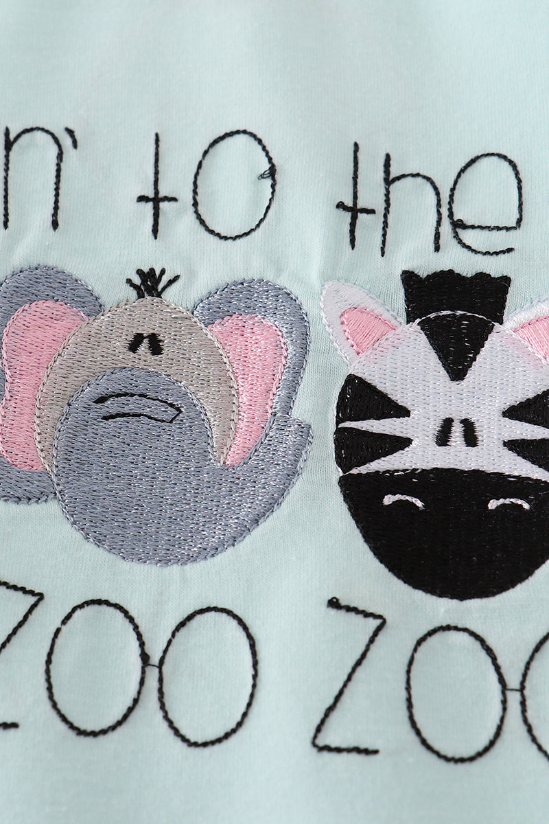 Blue GOIN TO THE ZOO embroidery ruffle pants set