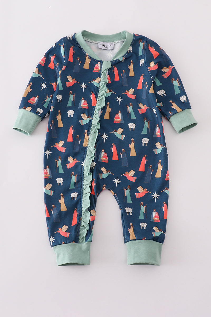 Navy Nativity Print Ruffle Girl Romper