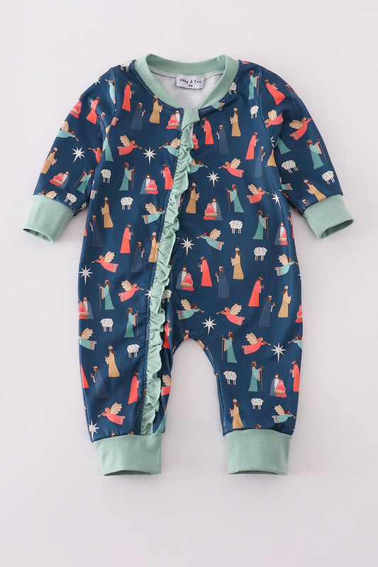 Navy Nativity Print Ruffle Girl Romper