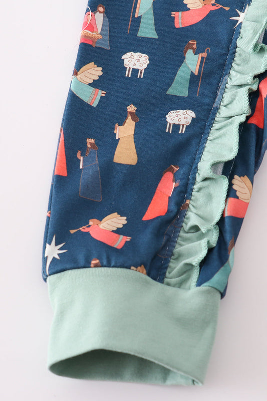 Navy Nativity Print Ruffle Girl Romper