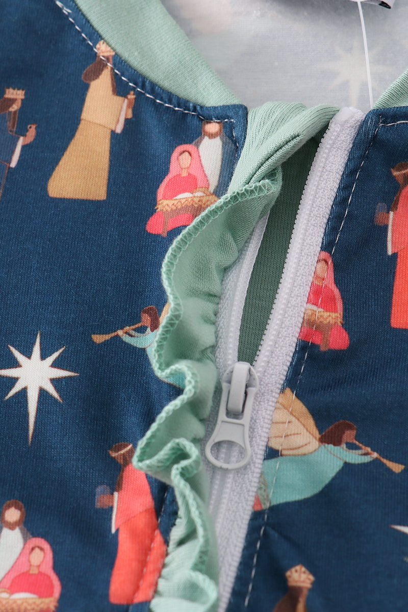 Navy Nativity Print Ruffle Girl Romper