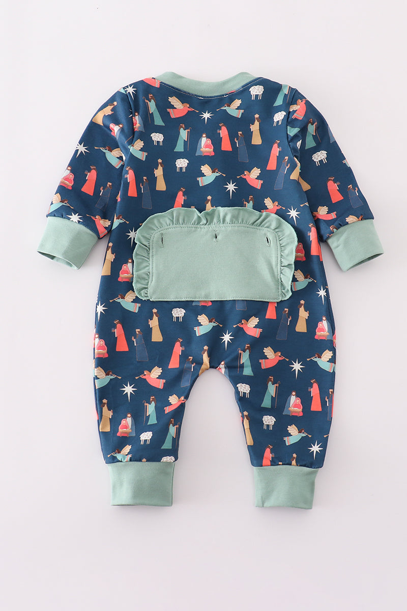 Navy Nativity Print Ruffle Girl Romper
