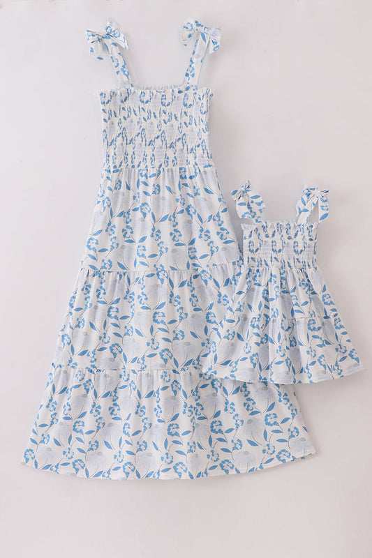 Blue Porcelain Petals print smocked mom&me dress - Ella Jane Lifestyle Boutique