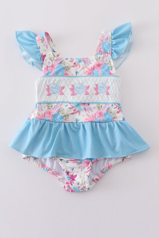 Blue floral embroidery one-piece swimsuit - Ella Jane Lifestyle Boutique