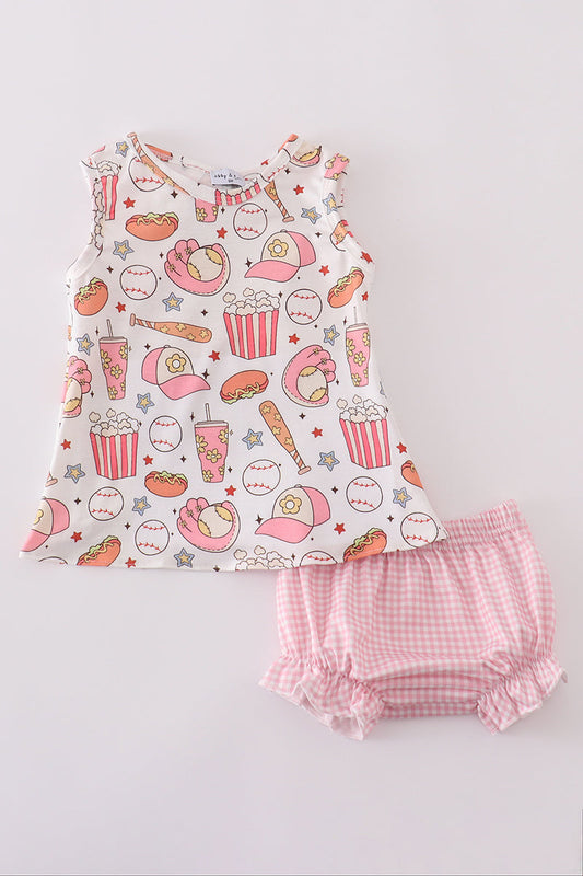 Conjunto de pantalones bombachos de cuadros vichy con estampado de béisbol rosa