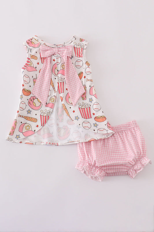 Conjunto de pantalones bombachos de cuadros vichy con estampado de béisbol rosa