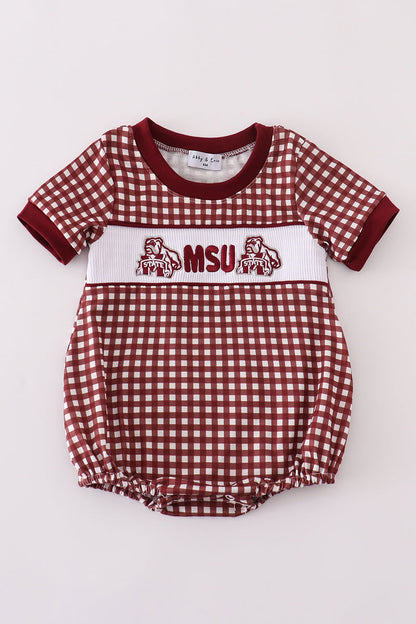 A red and white gingham baby bubble with MSU embroidery and a smocked design.