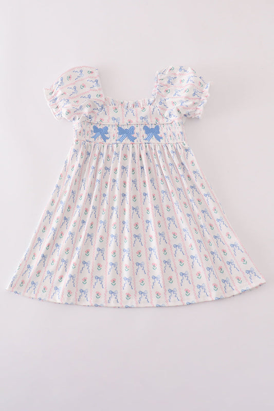 Blue bow embroidery smocked dress