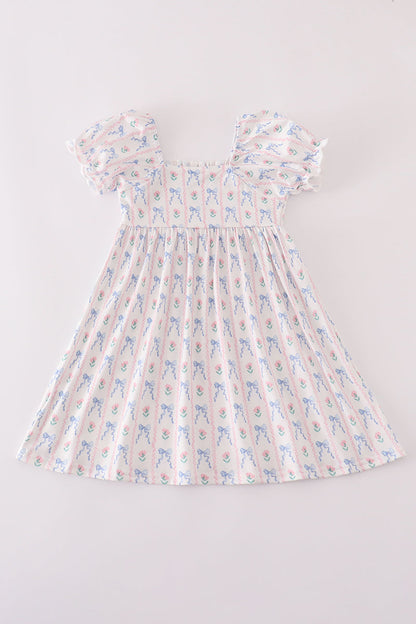 Blue bow embroidery smocked dress