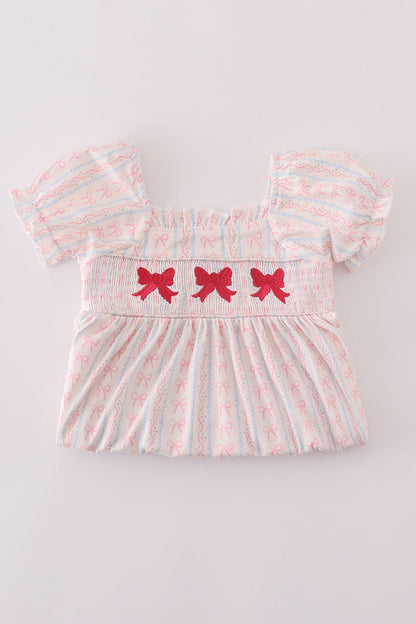 Pink bow embroidery smocked dress