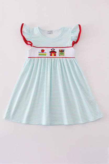 Apple pencil embroidery smocked stripe ruffle dress
