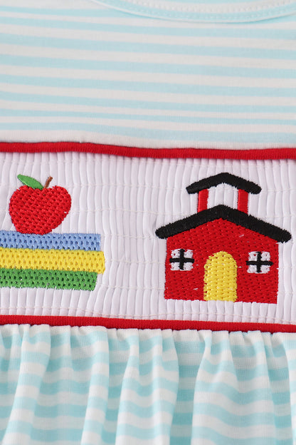Apple pencil embroidery smocked stripe ruffle dress