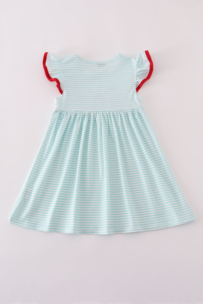 Apple pencil embroidery smocked stripe ruffle dress