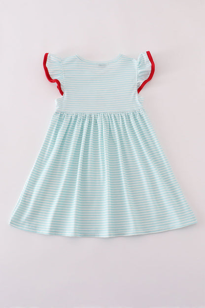 Apple pencil embroidery smocked stripe ruffle dress