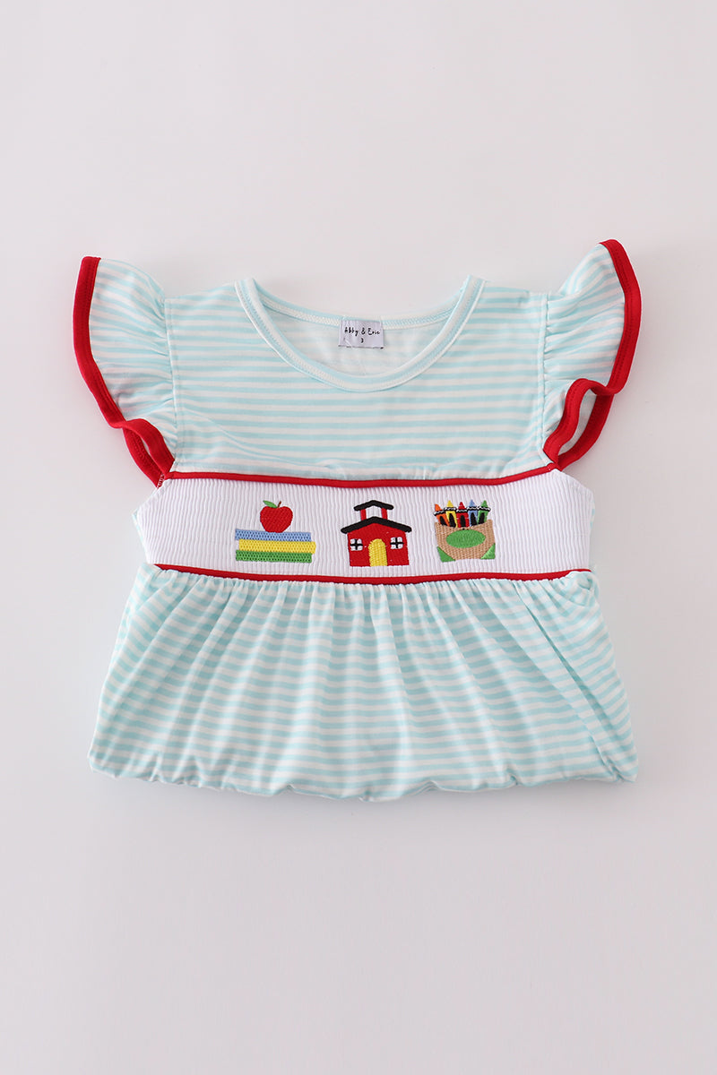 Apple pencil embroidery smocked stripe ruffle dress