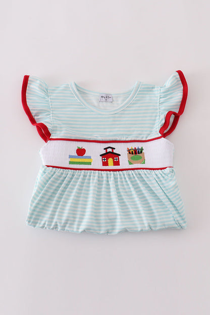 Apple pencil embroidery smocked stripe ruffle dress