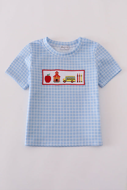 Blue apple bus embroidery plaid top