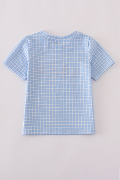 Blue apple bus embroidery plaid top