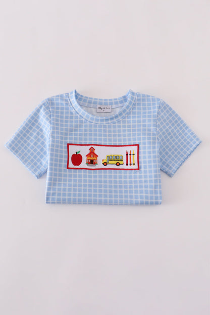 Blue apple bus embroidery plaid top