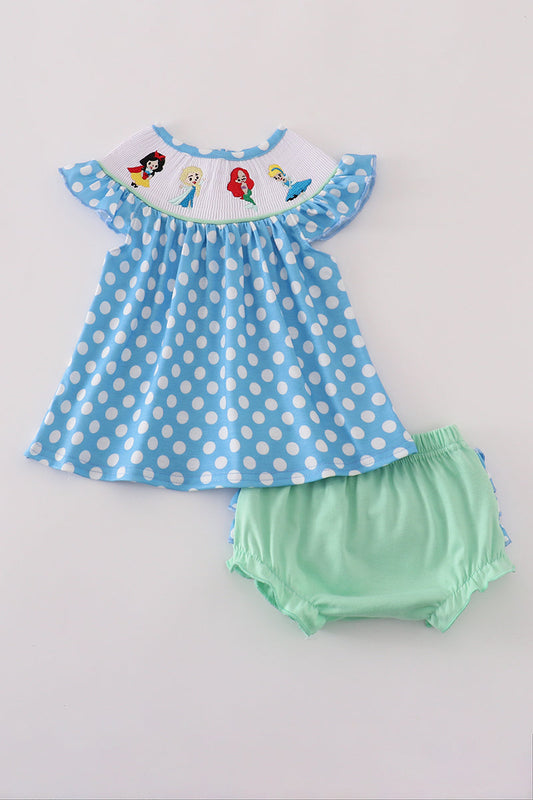 Conjunto de pantalones bombachos con bordado de personajes de lunares azules