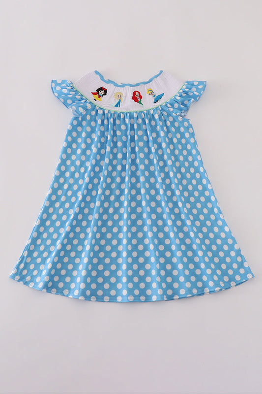 Vestido fruncido con bordado de personajes de puntos azules