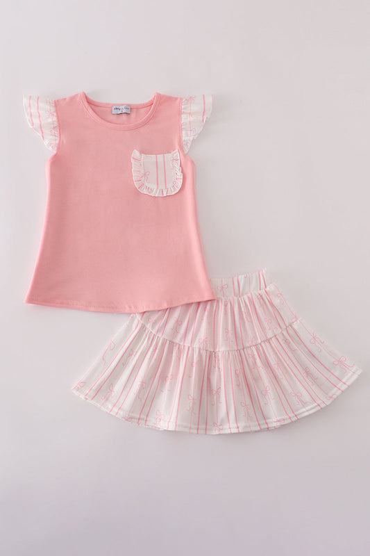 Conjunto falda pantalón volante estampado lazo rayas rosa