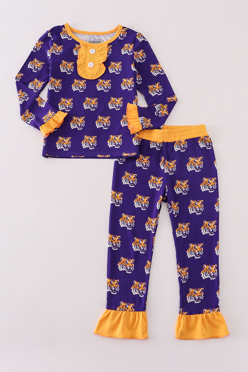 Purple LSU Geaux Tiger Bamboo Ruffle Girl Pajamas Set