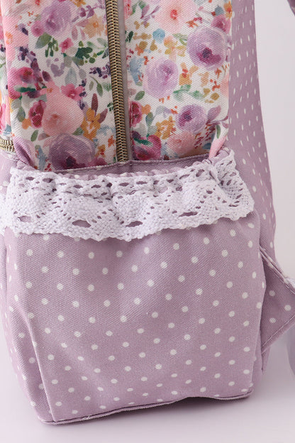 Purple floral print canvas ruffle backpack