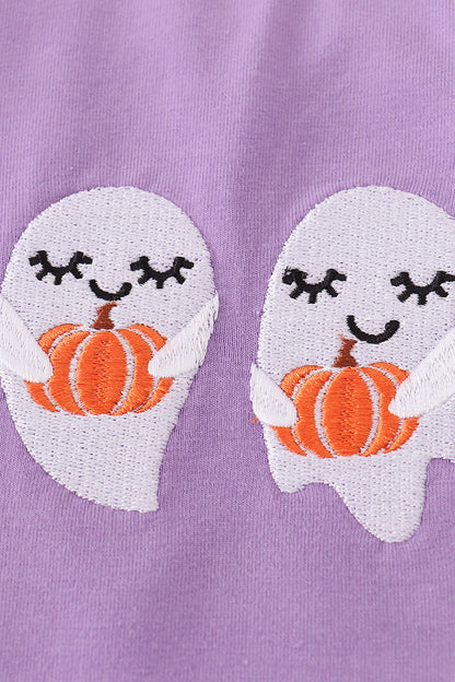 Purple ghost pumpkin embroidery ruffle top
