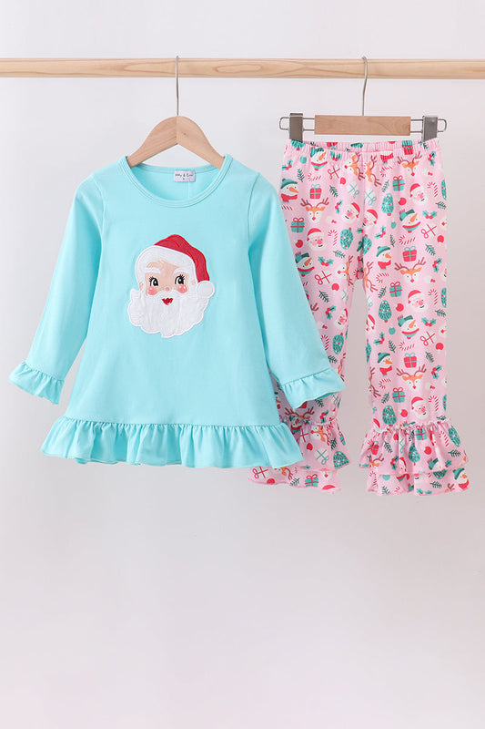 Blue Christmas Santa Claus Applique Ruffle Pants Set!