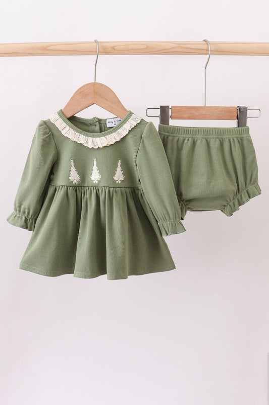 Green Christmas Tree Embroidery Ribbon Ruffle Bloomer Set