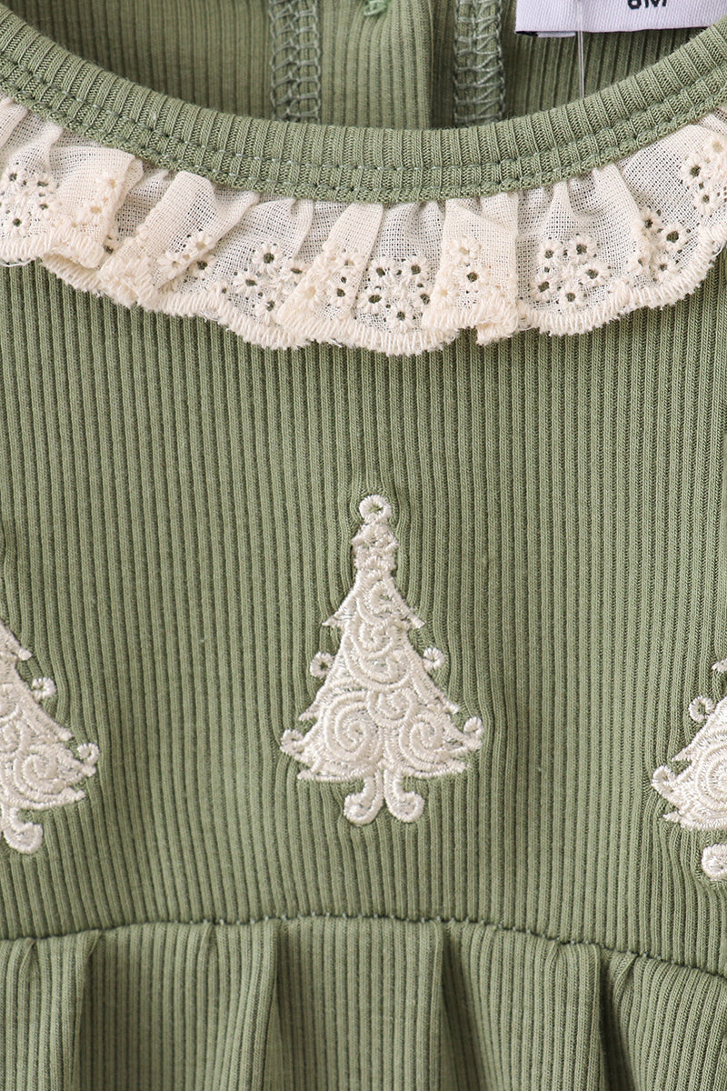 Green Christmas Tree Embroidery Ribbon Ruffle Bloomer Set