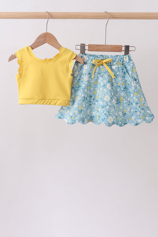 Mustard & Green Floral Bow Crop Top & Skorts Set for Girls