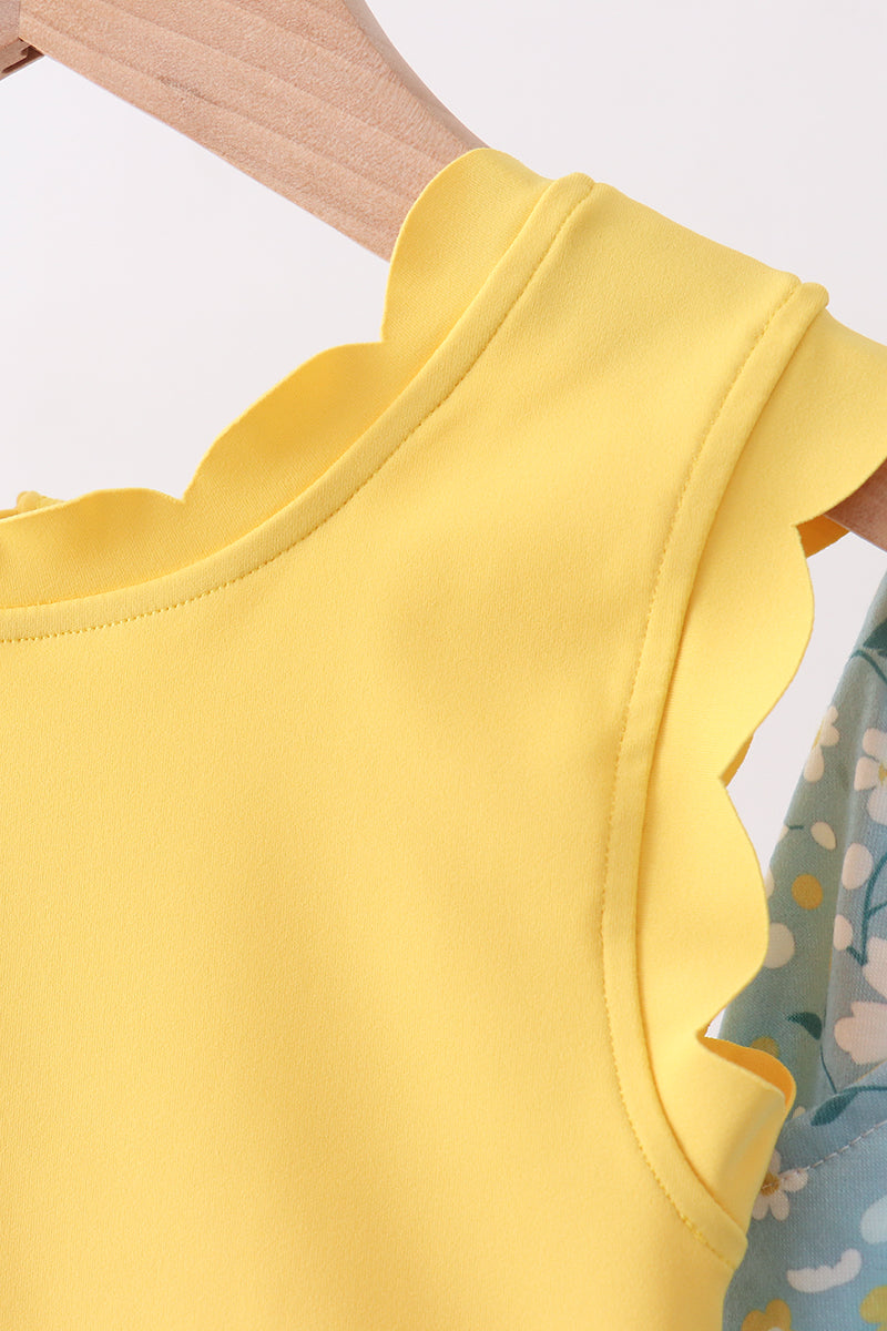 Mustard & Green Floral Bow Crop Top & Skorts Set for Girls